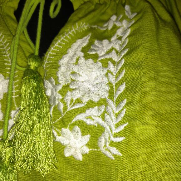 Lime Green Linen Blend Top Women's Blouse 2X Embroidered Tassels Boho Festival - Picture 5 of 16